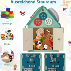 Kinder Spielhaus aus Holz mit Sinnesspielen und Stauraum für Kinder ab 3 J. Blau
