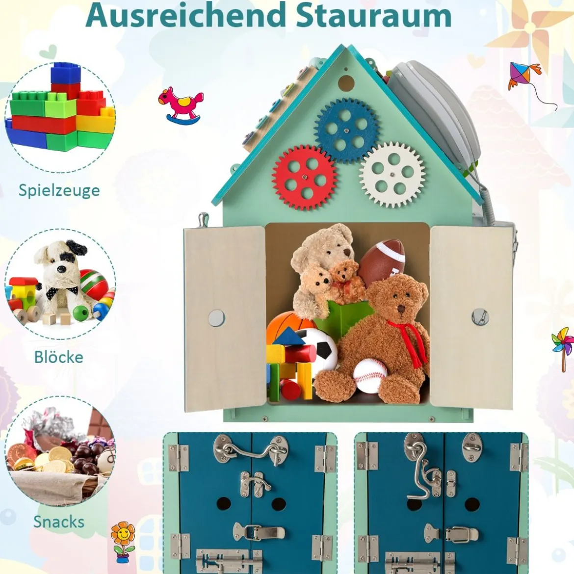 Kinder Spielhaus aus Holz mit Sinnesspielen und Stauraum für Kinder ab 3 J. Blau
