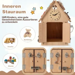 Kinder Spielhaus aus Holz Sensorisches Spielhaus mit Sinnesspielen & Stauraum für Kinder ab 3 J.