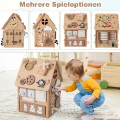 Kinder Spielhaus aus Holz Sensorisches Spielhaus mit Sinnesspielen & Stauraum für Kinder ab 3 J.