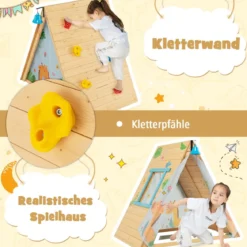 Kinderspielhaus Dreieckiges Spielzelt mit Kletterwand für Kinder 115 x 77 x 100 cm Natur