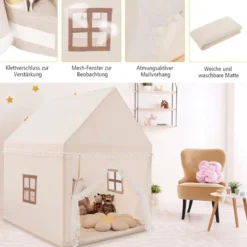 Kinderspielhaus Kinderzelt Spielhaus Prinzess Prinzessin 120 x 105 x 140 cm Beige+Braun