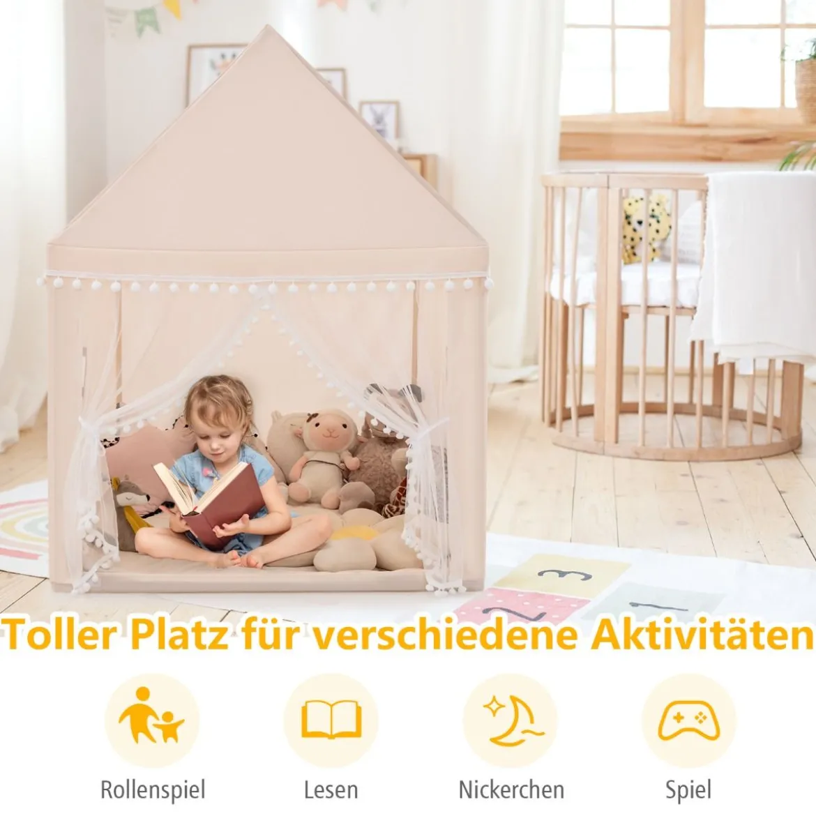 Kinderspielhaus Kinderzelt Spielhaus Prinzess Prinzessin 120 x 105 x 140 cm Beige+Braun