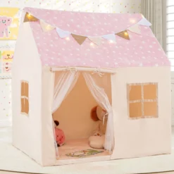 Kinder Spielhaus mit Gepolsterter Matte & Sternenlichtern Kinderzelt Spielzelt Rosa