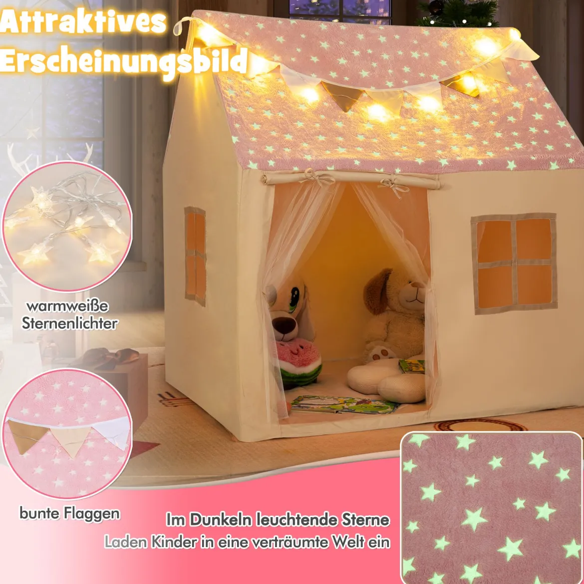 Kinder Spielhaus mit Gepolsterter Matte & Sternenlichtern Kinderzelt Spielzelt Rosa