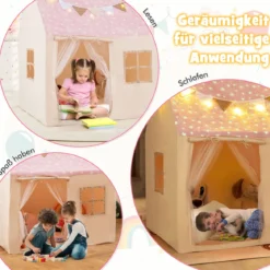 Kinder Spielhaus mit Gepolsterter Matte & Sternenlichtern Kinderzelt Spielzelt Rosa
