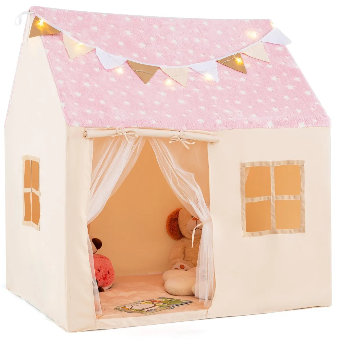 Kinder Spielhaus mit Gepolsterter Matte & Sternenlichtern Kinderzelt Spielzelt Rosa