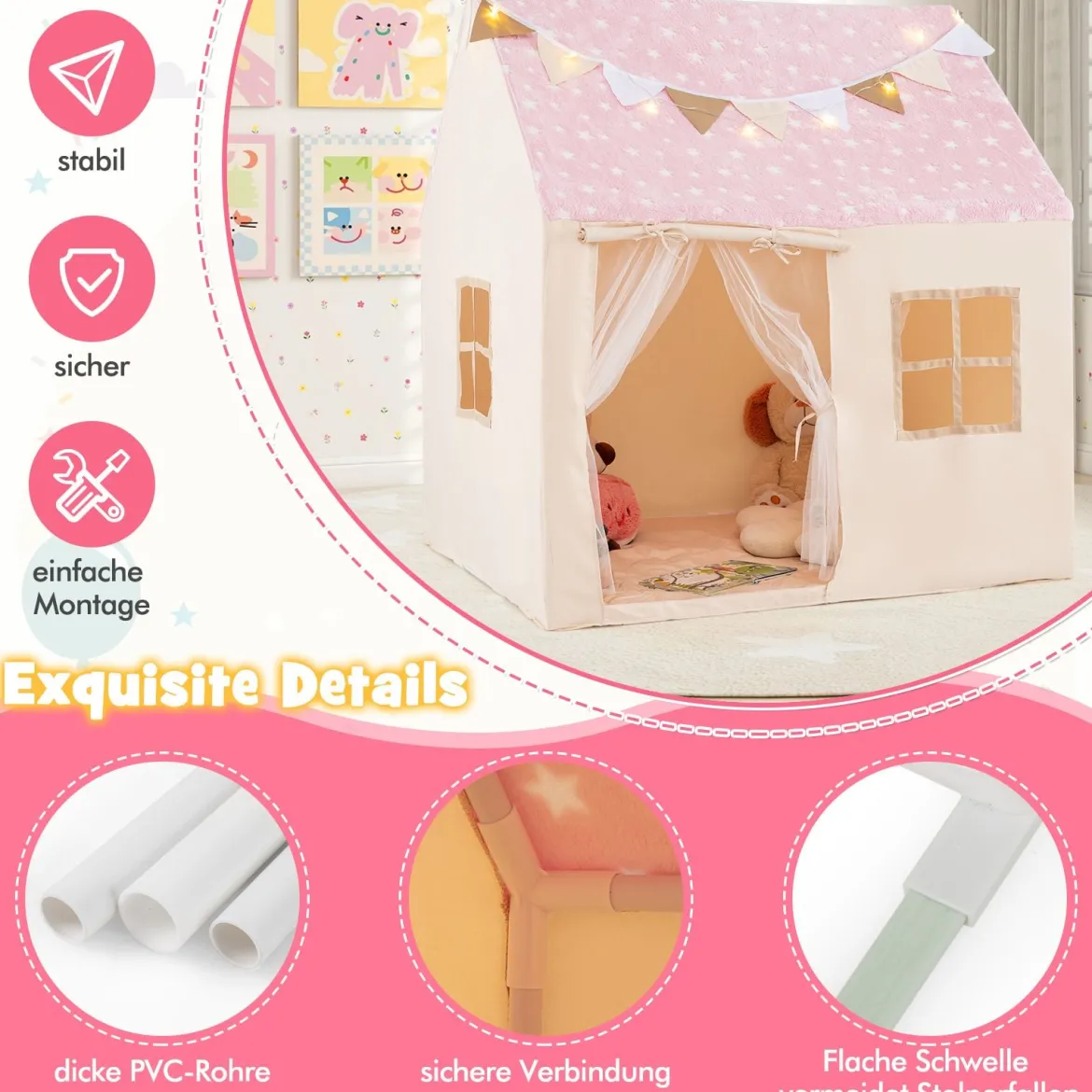 Kinder Spielhaus mit Gepolsterter Matte & Sternenlichtern Kinderzelt Spielzelt Rosa