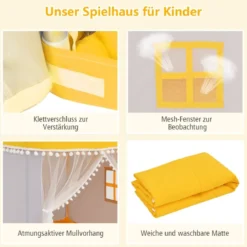 Kinderspielhaus mit Massivholzrahmen & Baumwolldecke Kinderzelt Gelb + Grau