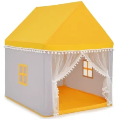 Kinderspielhaus mit Massivholzrahmen & Baumwolldecke Kinderzelt Gelb + Grau