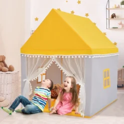 Kinderspielhaus mit Massivholzrahmen & Baumwolldecke Kinderzelt Gelb + Grau