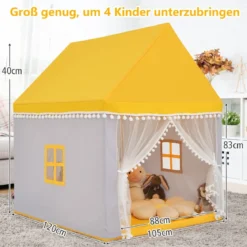 Kinderspielhaus mit Massivholzrahmen & Baumwolldecke Kinderzelt Gelb + Grau