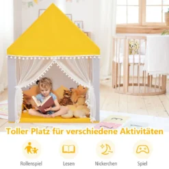 Kinderspielhaus mit Massivholzrahmen & Baumwolldecke Kinderzelt Gelb + Grau