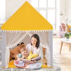 Kinderspielhaus mit Massivholzrahmen & Baumwolldecke Kinderzelt Gelb + Grau