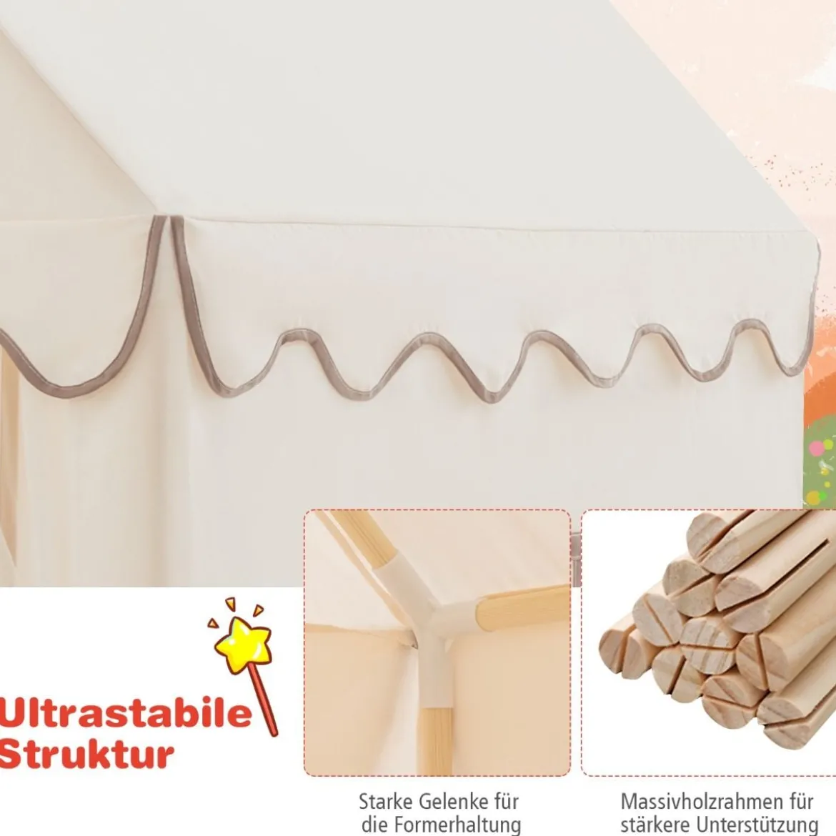 Kinderspielhaus mit Massivholzrahmen & Baumwolldecke Kinderzelt Beige