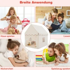 Kinderspielhaus mit Massivholzrahmen & Baumwolldecke Kinderzelt Beige