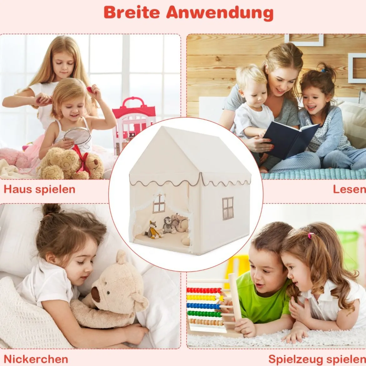 Kinderspielhaus mit Massivholzrahmen & Baumwolldecke Kinderzelt Beige