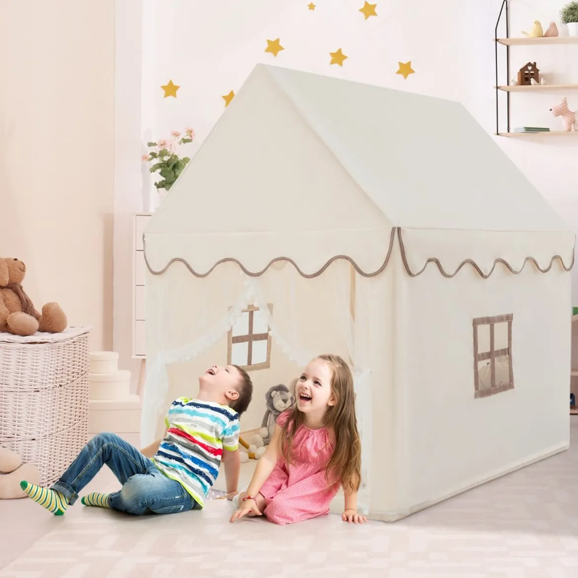 Kinderspielhaus mit Massivholzrahmen & Baumwolldecke Kinderzelt Beige