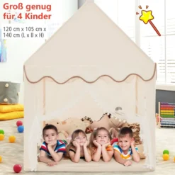 Kinderspielhaus mit Massivholzrahmen & Baumwolldecke Kinderzelt Beige