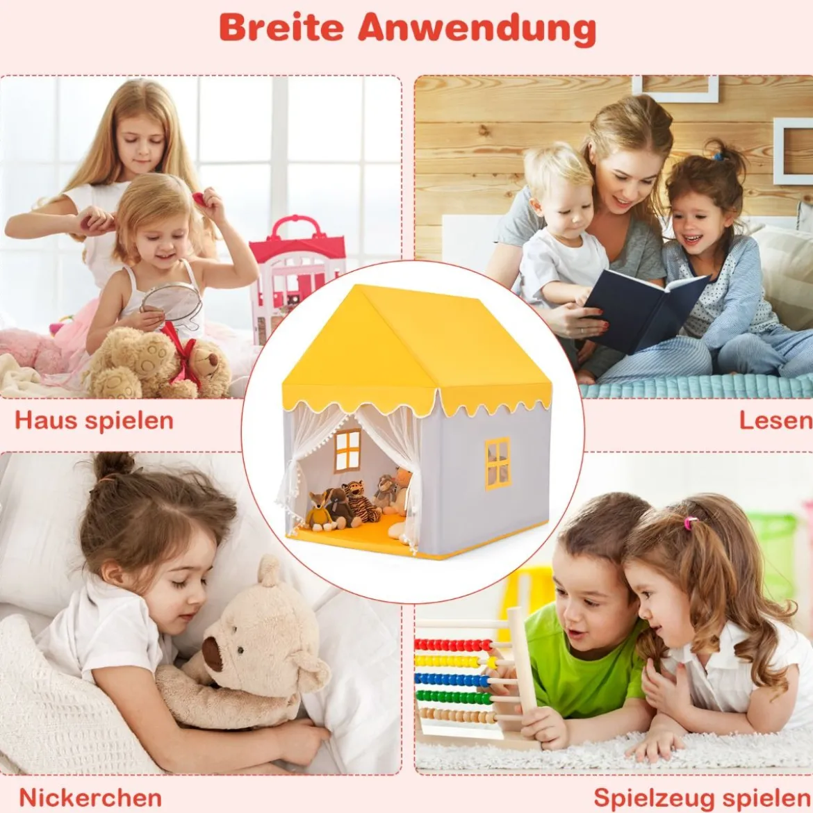 Kinderspielhaus mit Massivholzrahmen & Baumwolldecke Kinderzelt Grau + Gelb
