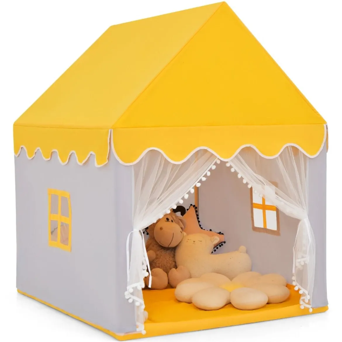 Kinderspielhaus mit Massivholzrahmen & Baumwolldecke Kinderzelt Grau + Gelb