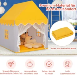 Kinderspielhaus mit Massivholzrahmen & Baumwolldecke Kinderzelt Grau + Gelb