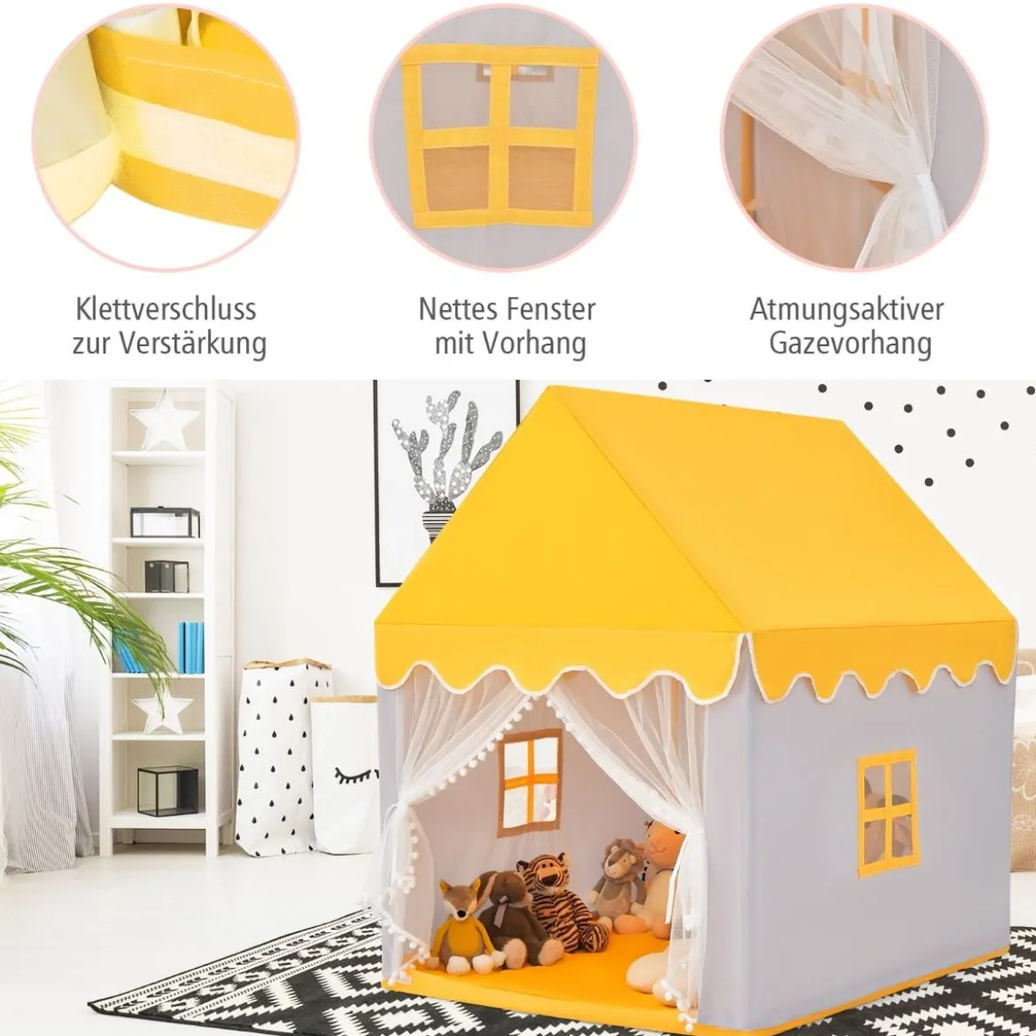 Kinderspielhaus mit Massivholzrahmen & Baumwolldecke Kinderzelt Grau + Gelb