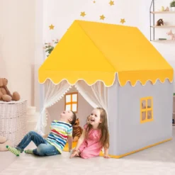 Kinderspielhaus mit Massivholzrahmen & Baumwolldecke Kinderzelt Grau + Gelb