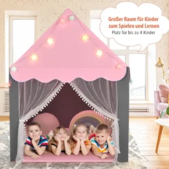 Kinderspielhaus mit Sternenlichter & Fenster & Matte & doppeltem Vorhang Kinderzelt