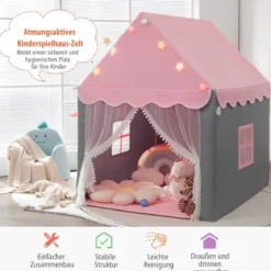 Kinderspielhaus mit Sternenlichter & Fenster & Matte & doppeltem Vorhang Kinderzelt