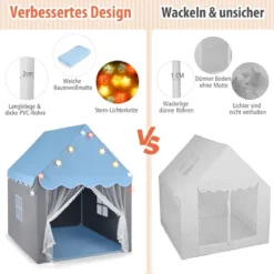 Kinderspielhaus mit Sternenlichter & Fenster & Matte & doppeltem Vorhang Kinderzelt