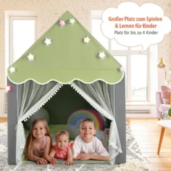 Kinderspielhaus mit Sternenlichter & Fenster & Matte & doppeltem Vorhang Kinderzelt