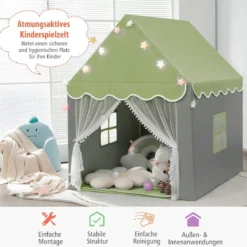 Kinderspielhaus mit Sternenlichter & Fenster & Matte & doppeltem Vorhang Kinderzelt