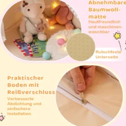 Kinderspielhaus mit Sternenlichter & Fenster & Matte & doppeltem Vorhang Kinderzelt Beige