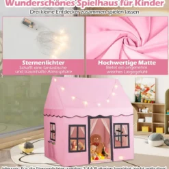 Kinderspielhaus mit Sternenlichtern & Fenstern & Netzvorhängen Kinderzelt Kinderspielzelt Spielzelt