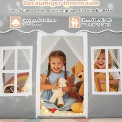 Kinderspielhaus mit Sternenlichtern & Fenstern & Netzvorhängen Kinderzelt Kinderspielzelt Spielzelt