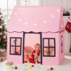 Kinderspielhaus mit Sternenlichtern & Fenstern & Netzvorhängen Kinderzelt Kinderspielzelt Spielzelt