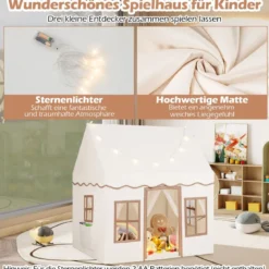Kinderspielhaus mit Sternenlichtern & Fenstern & Netzvorhängen Kinderzelt Kinderspielzelt Spielzelt