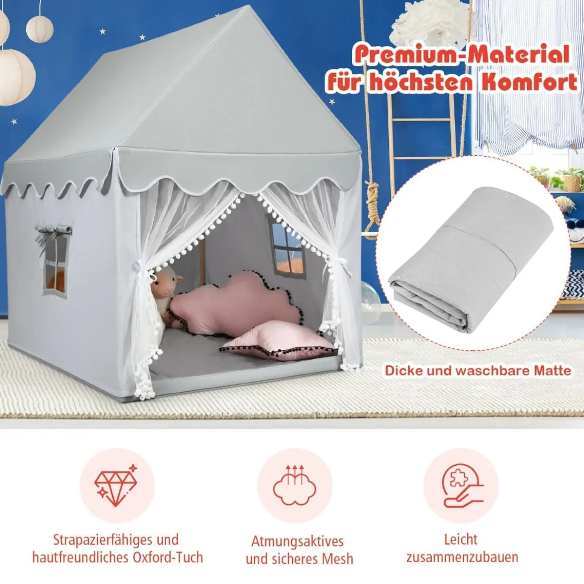 Kinderspielhaus Spielhaus mit Massivholzrahmen & Baumwollmatratze 120 x 105 x 140 cm Grau