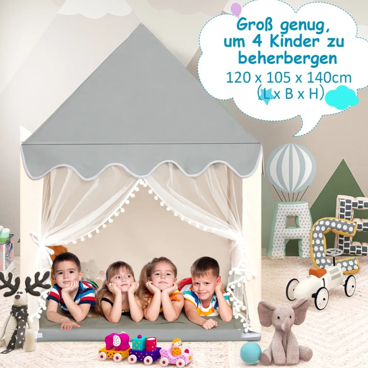 Kinderspielhaus Stabiles und Großes Spielhaus mit Baumwollmatratze 120 x 105 x 140 cm Grau + Beige
