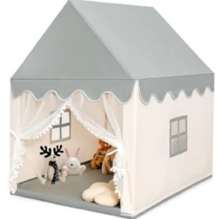 Kinderspielhaus Stabiles und Großes Spielhaus mit Baumwollmatratze 120 x 105 x 140 cm Grau + Beige