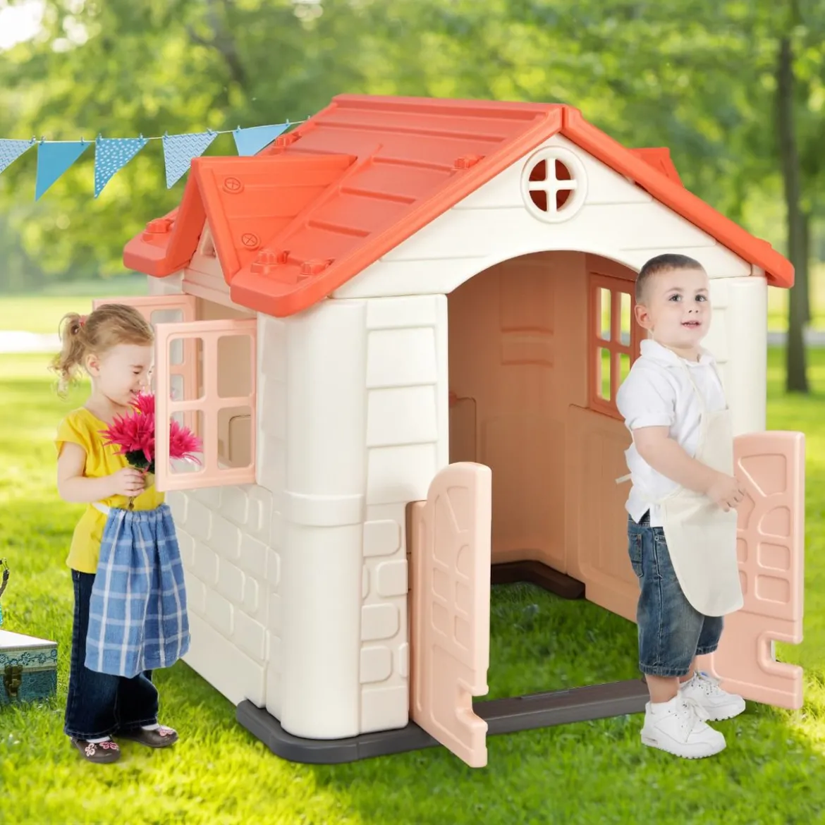 Kinder Spielhaus 164 x 124 x 132 cm Outdoor Kinderhäuschen mit Pickniktisch Rosa