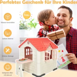 Kinder Spielhaus 164 x 124 x 132 cm Outdoor Kinderhäuschen mit Pickniktisch Rosa
