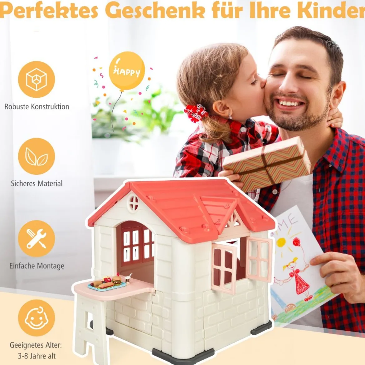 Kinder Spielhaus 164 x 124 x 132 cm Outdoor Kinderhäuschen mit Pickniktisch Rosa