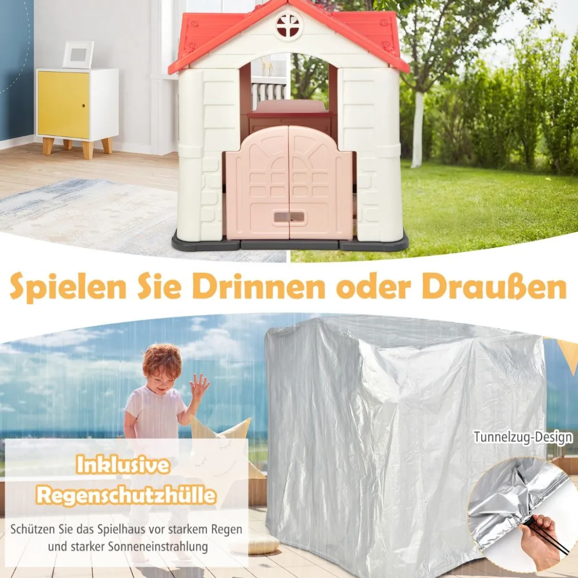 Kinder Spielhaus 164 x 124 x 132 cm Outdoor Kinderhäuschen mit Pickniktisch Rosa