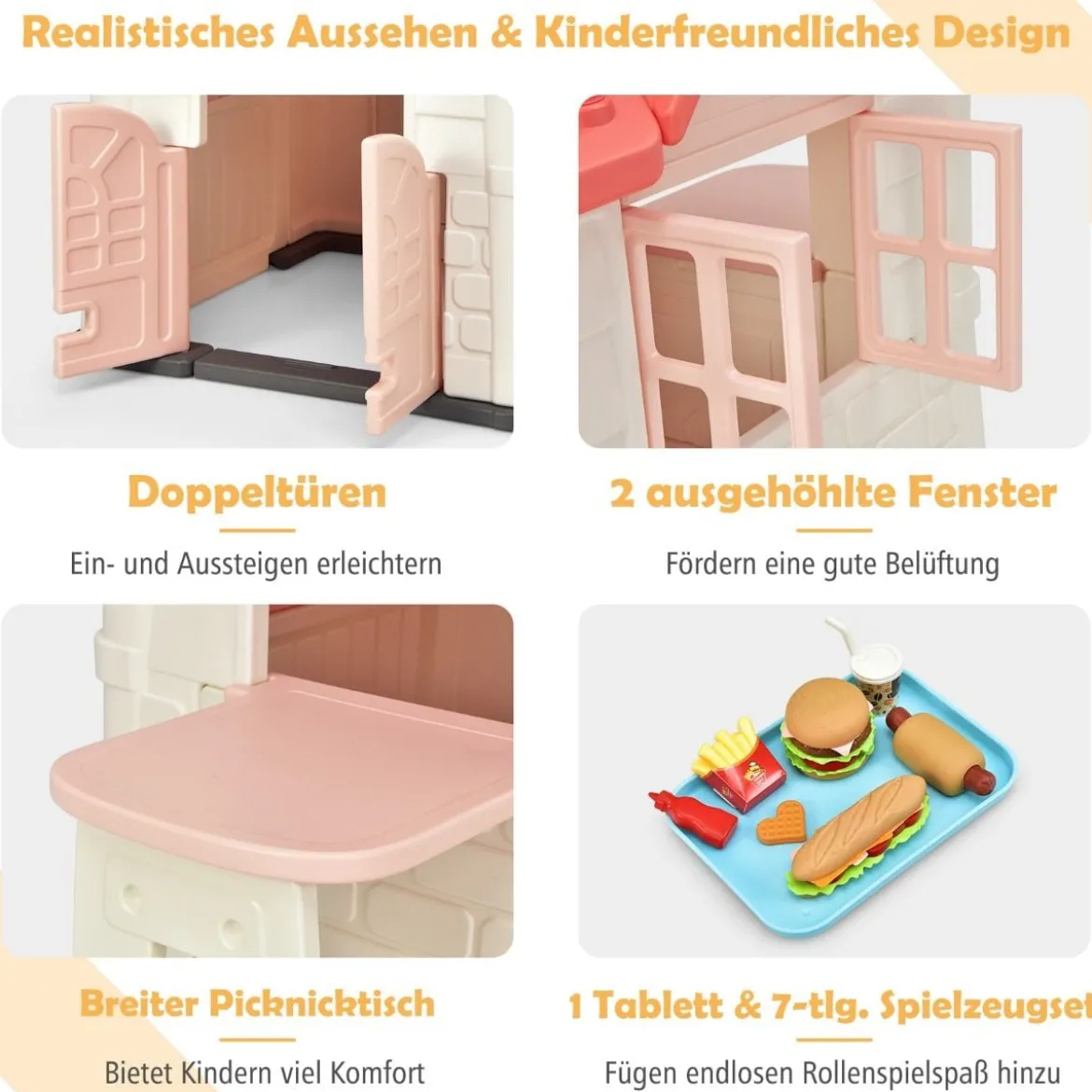 Kinder Spielhaus 164 x 124 x 132 cm Outdoor Kinderhäuschen mit Pickniktisch Rosa