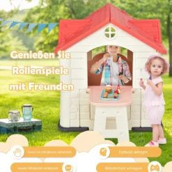 Kinder Spielhaus 164 x 124 x 132 cm Outdoor Kinderhäuschen mit Pickniktisch Rosa