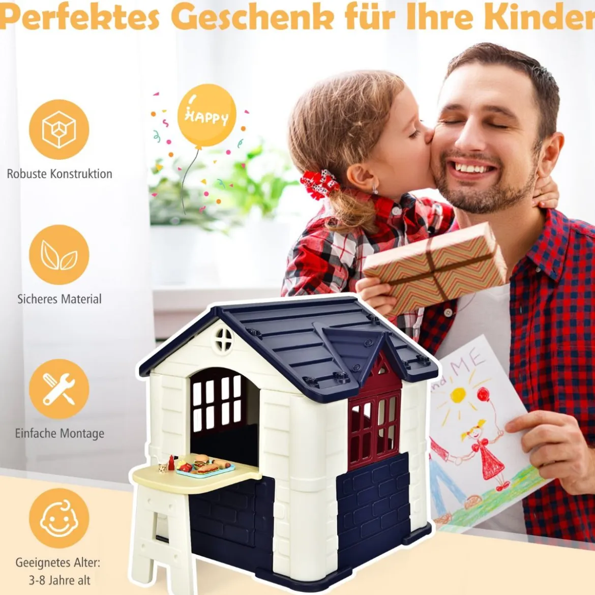 Kinder Spielhaus 164 x 124 x 132 cm Outdoor Kinderhäuschen mit Pickniktisch Blau