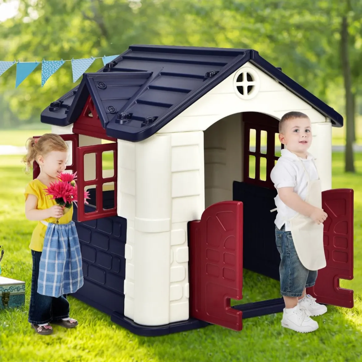 Kinder Spielhaus 164 x 124 x 132 cm Outdoor Kinderhäuschen mit Pickniktisch Blau