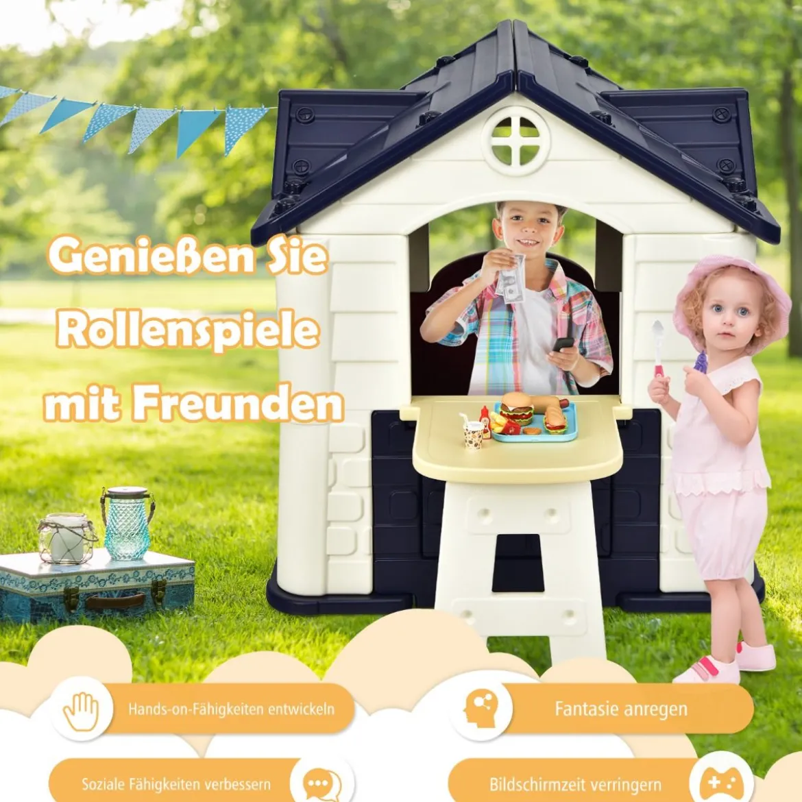 Kinder Spielhaus 164 x 124 x 132 cm Outdoor Kinderhäuschen mit Pickniktisch Blau